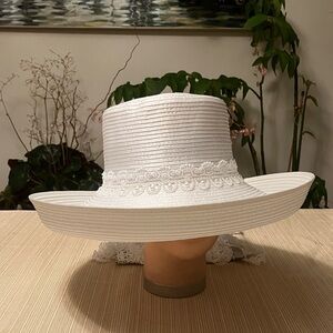 Chic White Satin Ribbon Women's Hat with Lace Detail and White Pearl Accent